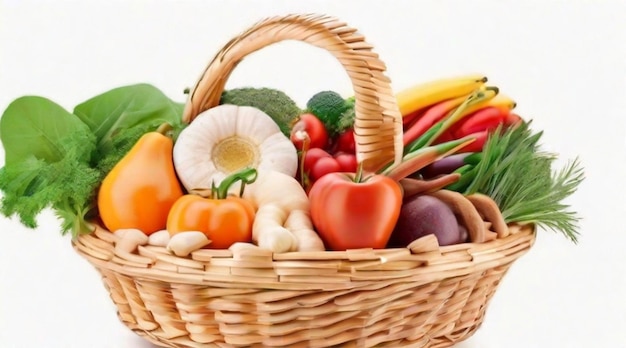 cibo sano e vegetariano in cesto di paglia su sfondo bianco generativo ai