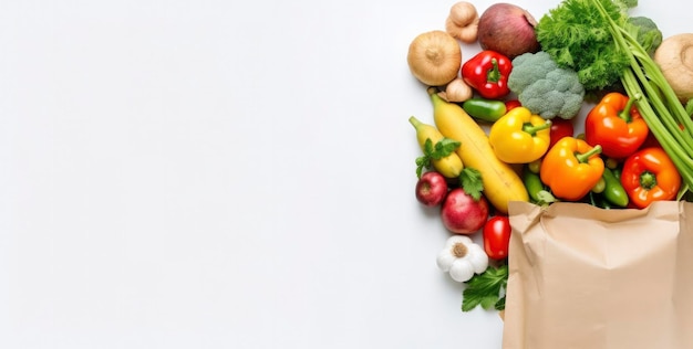 Cibo sano in sacchetto di carta verdure e frutta su sfondo bianco