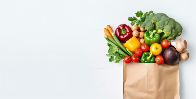 Cibo sano in sacchetto di carta verdure e frutta su sfondo bianco