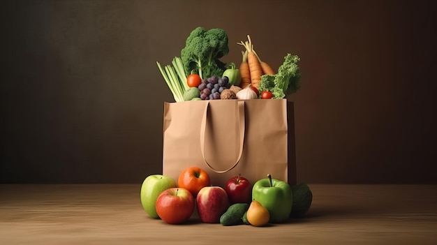 Cibo sano in un sacchetto di carta da supermercato con frutta e verdura