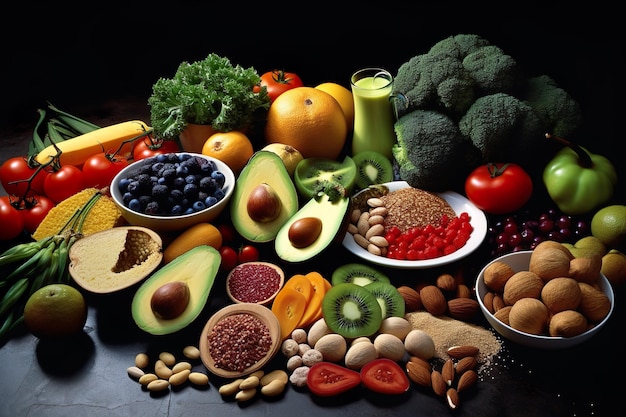 Cibo sano mangiare pulito selezione frutta verdura semi superfood cereale foglia vegetale su grigio