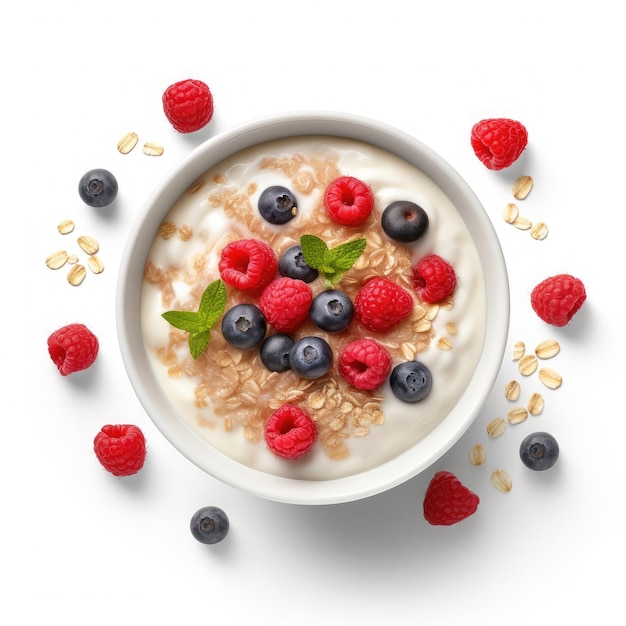 cibo sano muesli avena frutti di bosco freschi yogurt nella ciotola del frullato su sfondo bianco