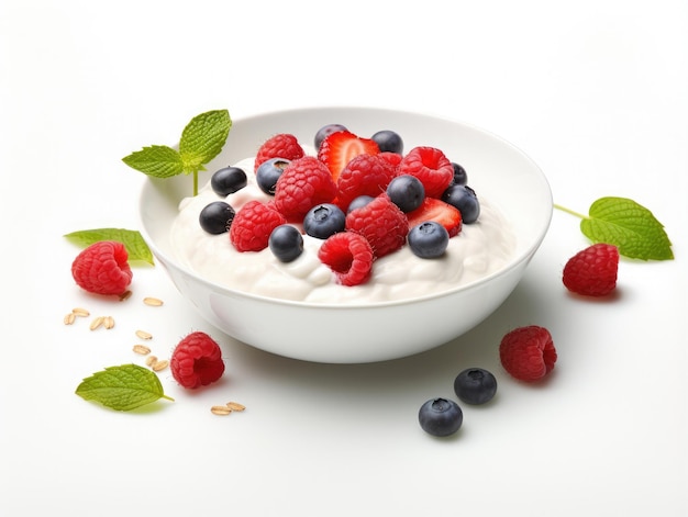 cibo sano muesli avena frutti di bosco freschi yogurt nella ciotola del frullato su sfondo bianco