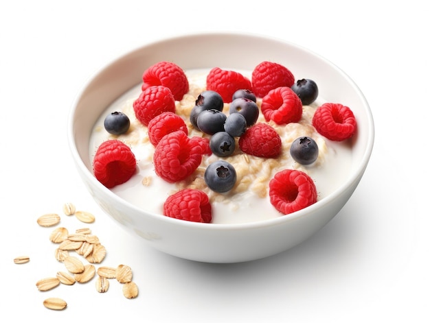 cibo sano muesli avena frutti di bosco freschi yogurt nella ciotola del frullato su sfondo bianco