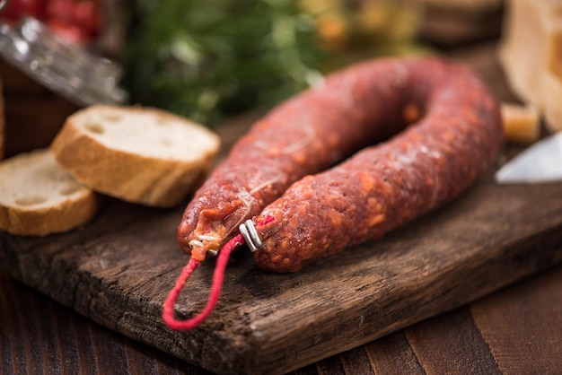 Cibo spagnolo di tapa bar con salsiccia chorizo