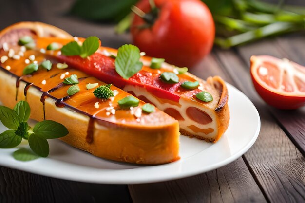 cibo su un piatto con un pomodoro e formaggio in cima