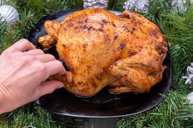 Cibo tradizionale di Natale. Mano che tiene pollo fritto, tacchino su un tavolo festivo con rami di abete e decorazioni natalizie, primo piano. Pollo fatto in casa