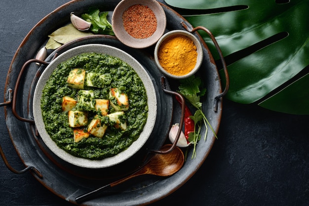 Cibo tradizionale indiano Palak Paneer con formaggio e spinaci su sfondo nero, vista dall'alto