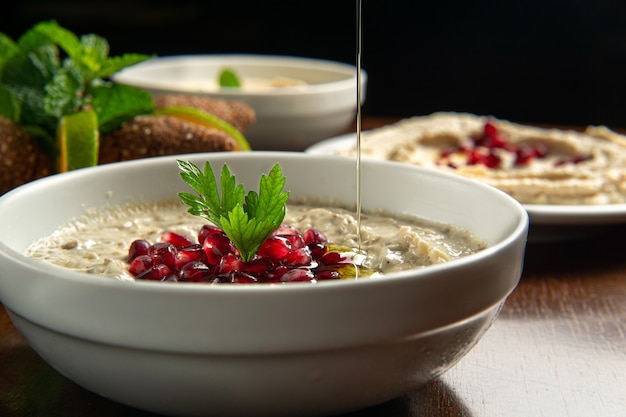 Cibo tradizionale mediorientale. cibo libanese. Baba Ghanoush arabo con semi di melograno