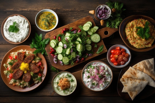 Cibo tradizionale messicano su sfondo di legno Tzatziki tzatziki insalata di cetriolo pita pane tzatzikin tzatzki pita pane Selezione di insalata tradizionale greca cibo AI generato