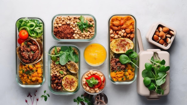 Cibo vegano fatto in casa in scatole per il pranzo con verdure sane