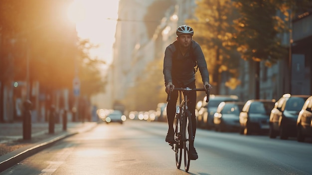 Ciclista che fa il pendolare in una città durante l'alba Questa fotografia è AI generativa