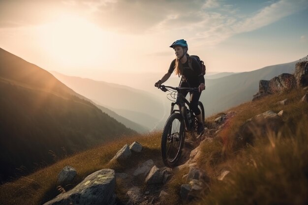 Ciclista femminile attivo che guida la bici su una montagna AI generativo AIG18