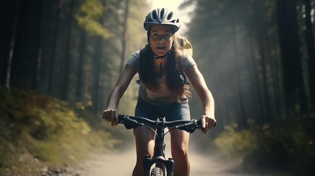 Ciclista femminile su una bici su strada asfaltata