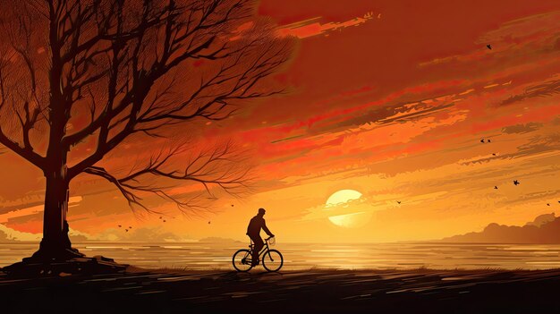 Ciclista in mezzo al tramonto segnato da alberi stagliati