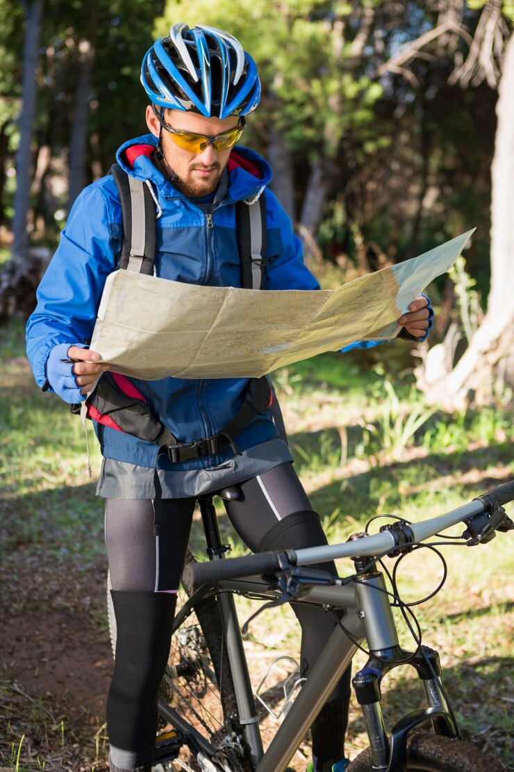 Foto ciclista in mountain-bike maschio che esamina mappa