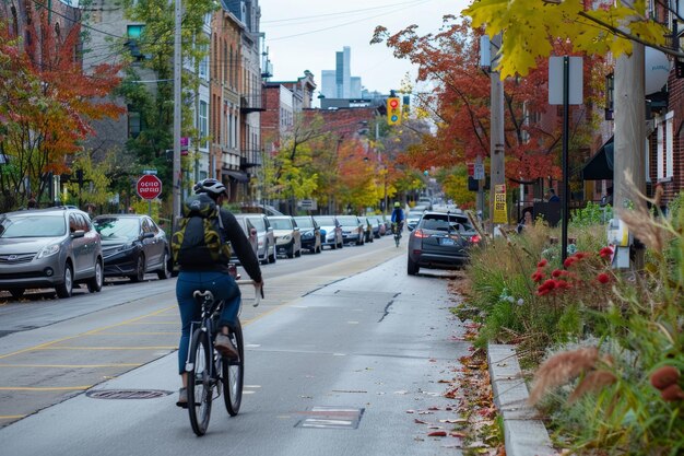 Ciclista urbano nella pista ciclabile