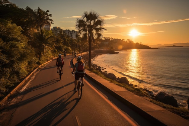 Ciclisti che pedalano sulla pista ciclabile del mare sotto il sole IA generativo