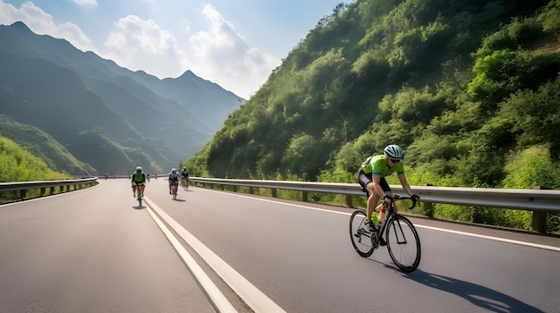 Ciclisti in una gara che scendono a velocità su una strada di montagna