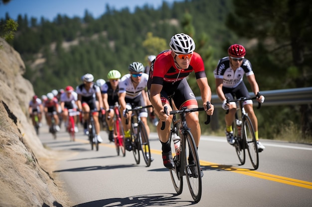 Ciclisti in una maratona in bicicletta in montagna AI generativa