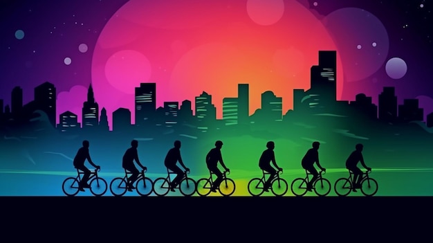 Ciclisti notturni sulla strada Illustrazione colorata dell'IA generativa