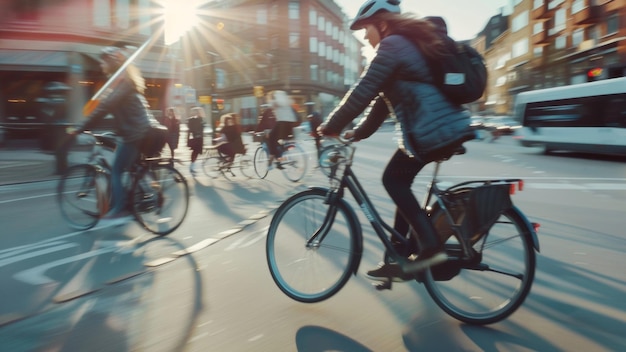 Ciclisti urbani veloci che attraversano vivaci le strade della città nell'ora di punta