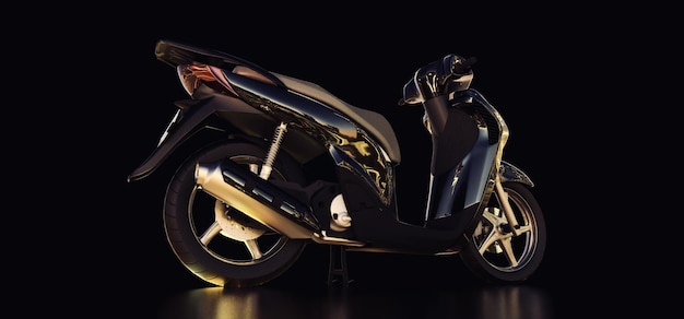 Ciclomotore nero urbano moderno su sfondo nero 3d'illustrazione