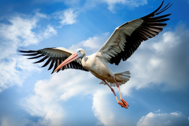 Cicogna in volo sul cielo blu