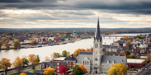 Cieli nuvolosi che dividono Pawtucket Rhode Island e Seekonk River Vista aerea del New England