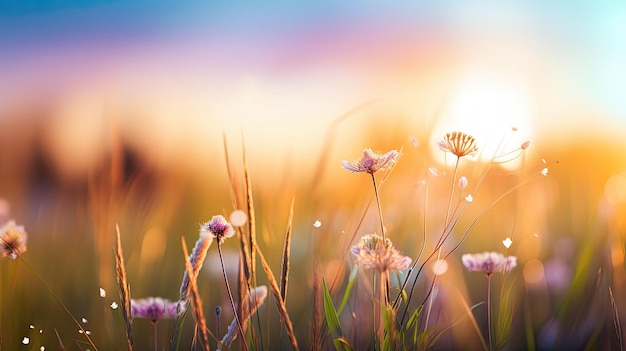 Cielo al tramonto con fiori selvatici e sagome di erba