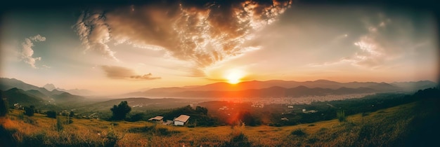 Cielo al tramonto panorama sfondo del paesaggio colore naturale del paesaggio serale con la luce del sole al tramonto che passa attraverso le nuvole vista panoramica