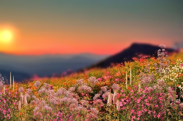 Cielo al tramonto, raggio di sole, fiori e alberi selvatici, serata di riflessione sull'acqua di montagna e di mare