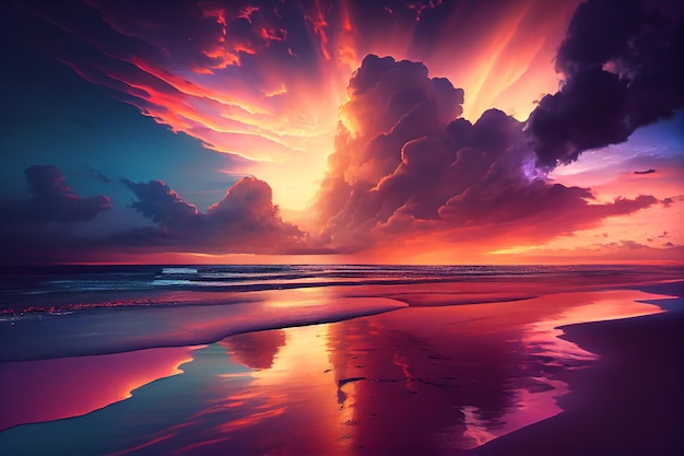 Cielo al tramonto rosa arancione con nuvole e mare calmo illustrazione IA generativa