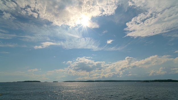 Cielo azzurro con nuvole bianche sul lago