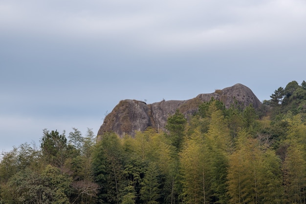 Cielo azzurro e nuvole bianche, tutti i tipi di pietre e piante sulla montagna