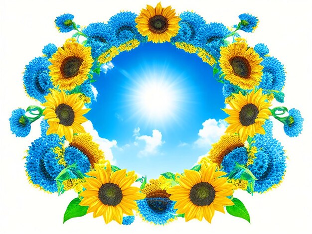 cielo blu circondato da una cornice circolare di girasoli su uno sfondo bianco