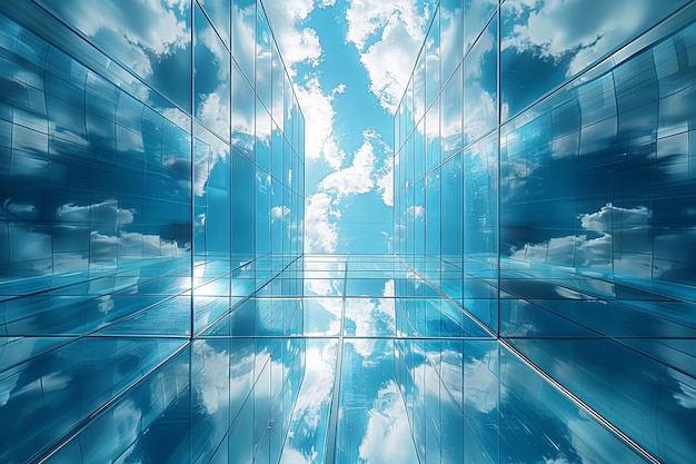 Cielo blu con nuvole al centro di un edificio di vetro alto e riflettente