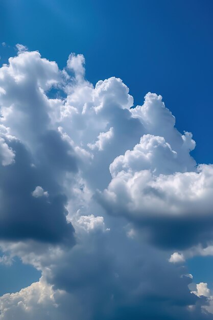 Cielo blu con nuvole bianche e aereo che vola e galleggia nel cielo