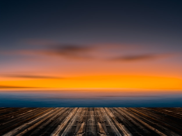 Cielo blu e nuvole d&#39;annata con il vecchio fondo di legno del pavimento.