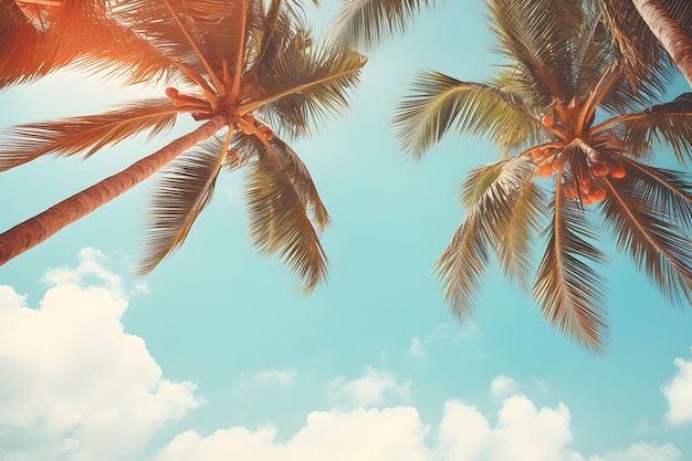 Cielo blu e palme vista da sotto la spiaggia tropicale in stile vintage e viaggi estivi sullo sfondo