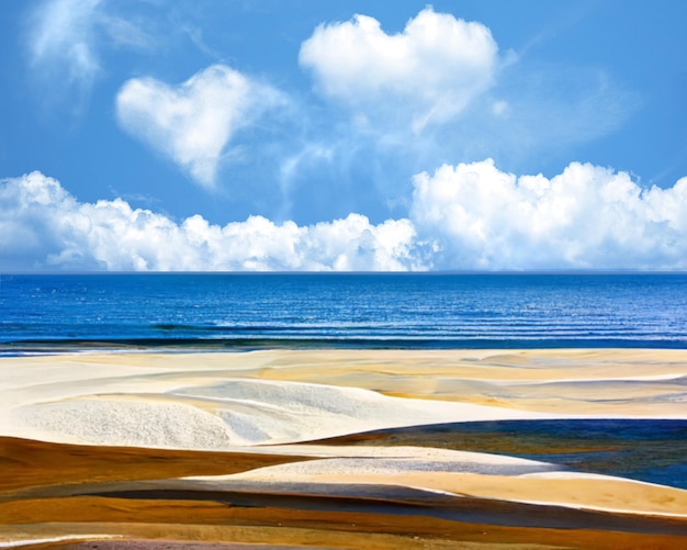 cielo blu nuvole bianche a forma di cuore estate acqua di mare e sabbia sulla spiaggia paesaggio marino natura paesaggio