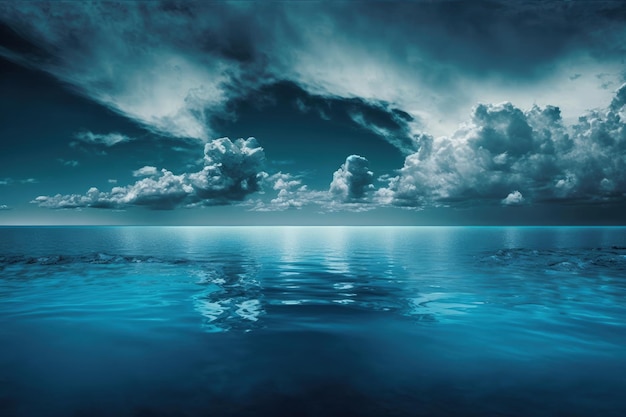Cielo blu nuvoloso che si dissolve all'orizzonte sopra una superficie blu degli oceani
