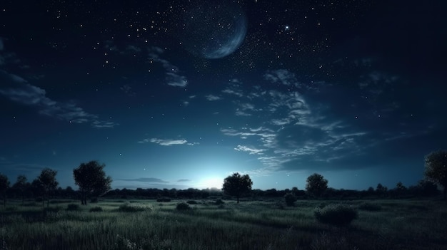 Cielo blu scuro dopo il tramonto con un bellissimo cielo fantastico con la luna e la via lattea Generativo ai