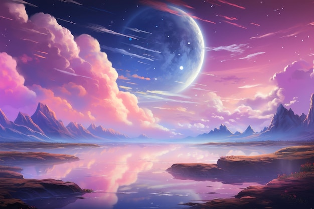 Cielo colorato con lo stile fantasy del pianeta Bella immagine dell'illustrazione IA generativa