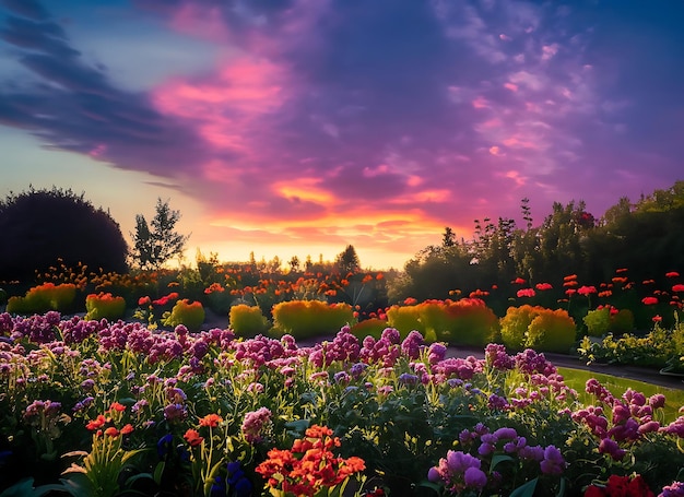 Cielo colorato Serata nel giardino fiorito da sogno