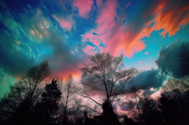 Cielo con nuvole colorate viola arancione e blu Vista dal basso verso l'alto IA generativa