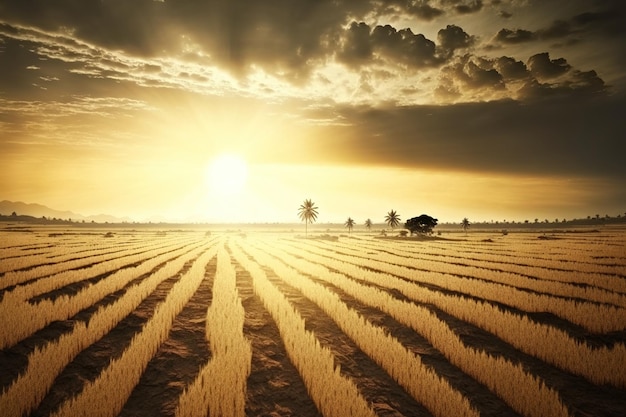 Cielo di campo di riso maturo con raggi solari sullo sfondo