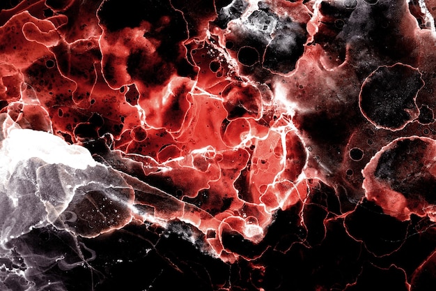 Cielo di esopianeta oceano rosso astratto, sfondo di inchiostro alcolico, esplosione di lava, macchie e macchie di colore scarlatto, materiali di stampa per carta da parati acrilica