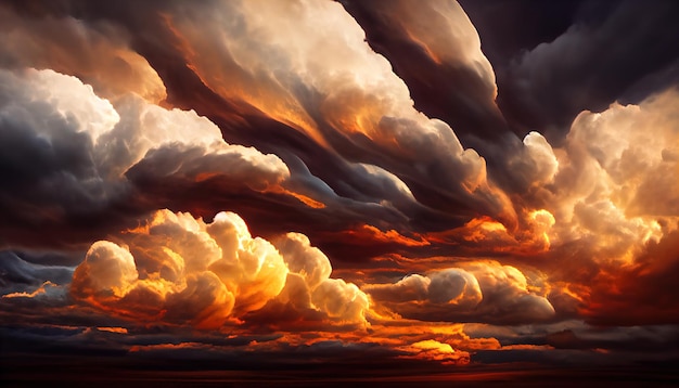 Cielo di tramonto drammatico scuro infuocato Colori colorati dell'alba Incredibile bellezza Uno sfondo di natura astratta bella e colorata Illustrazione 3d