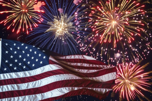 Cielo festivo con fuochi d'artificio e bandiera americana Giorno dell'Indipendenza